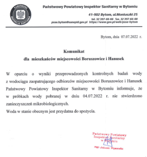 Miniaturka artykułu Komunikat o wyniku badania wody – Boruszowice i Hanusek
